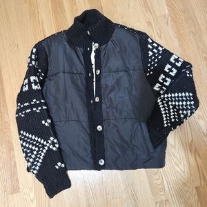 Anthro Black Quilted & Knit Button-Up Jacket with White Fair Isle Sleeves